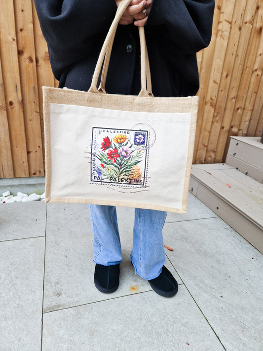 Natural Pocket Jute tote bags with "Vintage Stamp" print