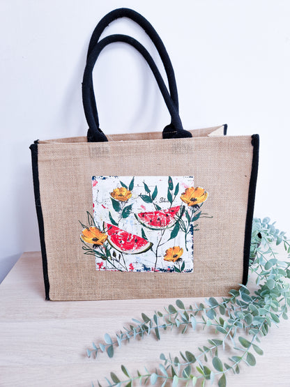 Black Natural Jute tote bag with "Watermelon Flowers" print, Large