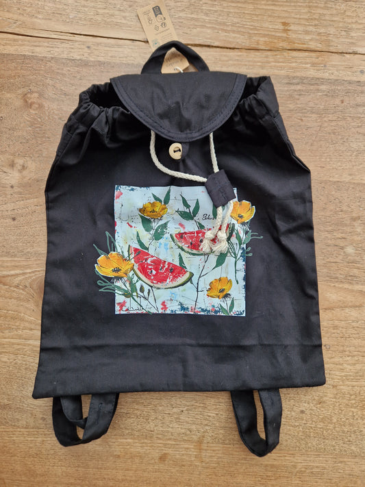 Organic black cotton rucksack Watermelon Flowers